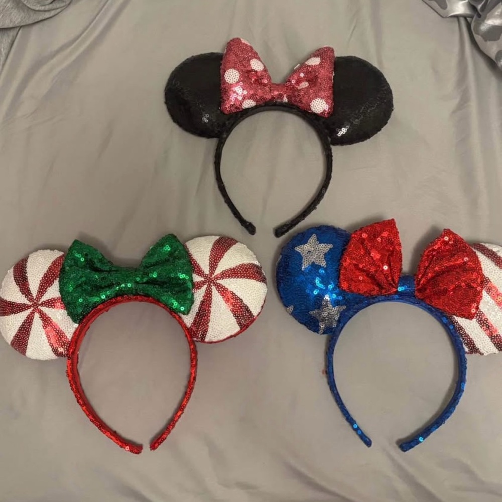 Kids Sequin Mouse Ears Headband Set - Black, Red, Green